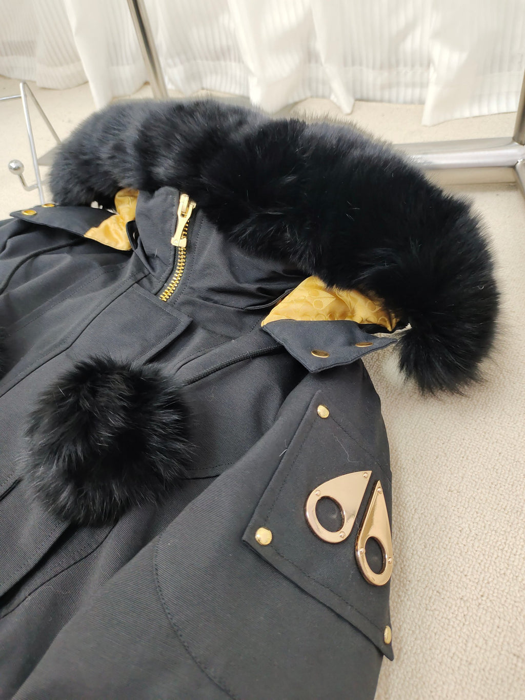 Moose Knuckles Down Parka Black Black Fur Hood Dual Pompom Gold Jacquard Lining