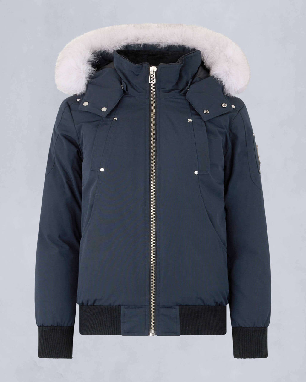 Moose Knuckles Kids Navy Blue White Fox Fur Hood Bomber Down Jacket