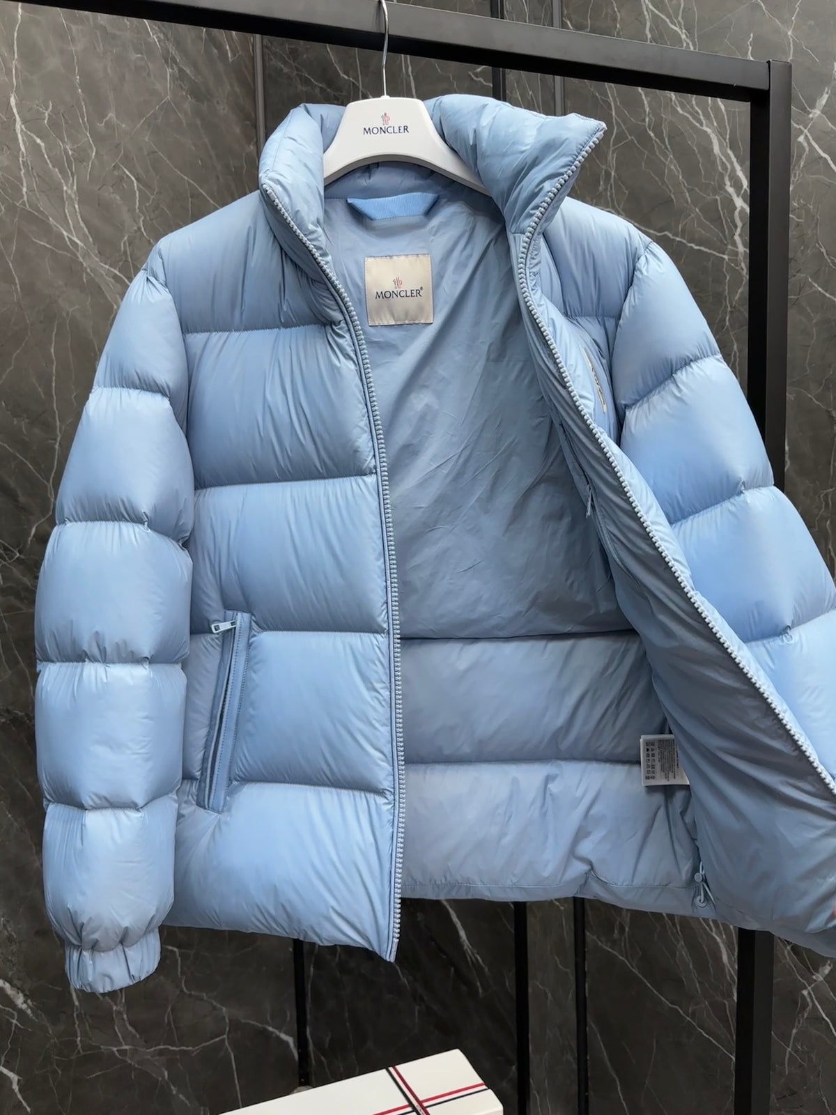 Moncler Maya Down Jacket Sky Blue Large Circular Badge Zip Pockets