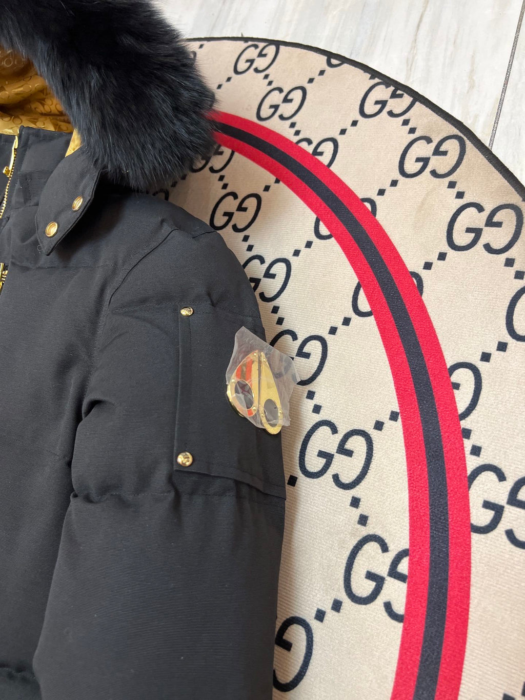 Moose Knuckles Down Short Puffer Jacket Black Black Fur Hood Gold Lining Hockey Patch