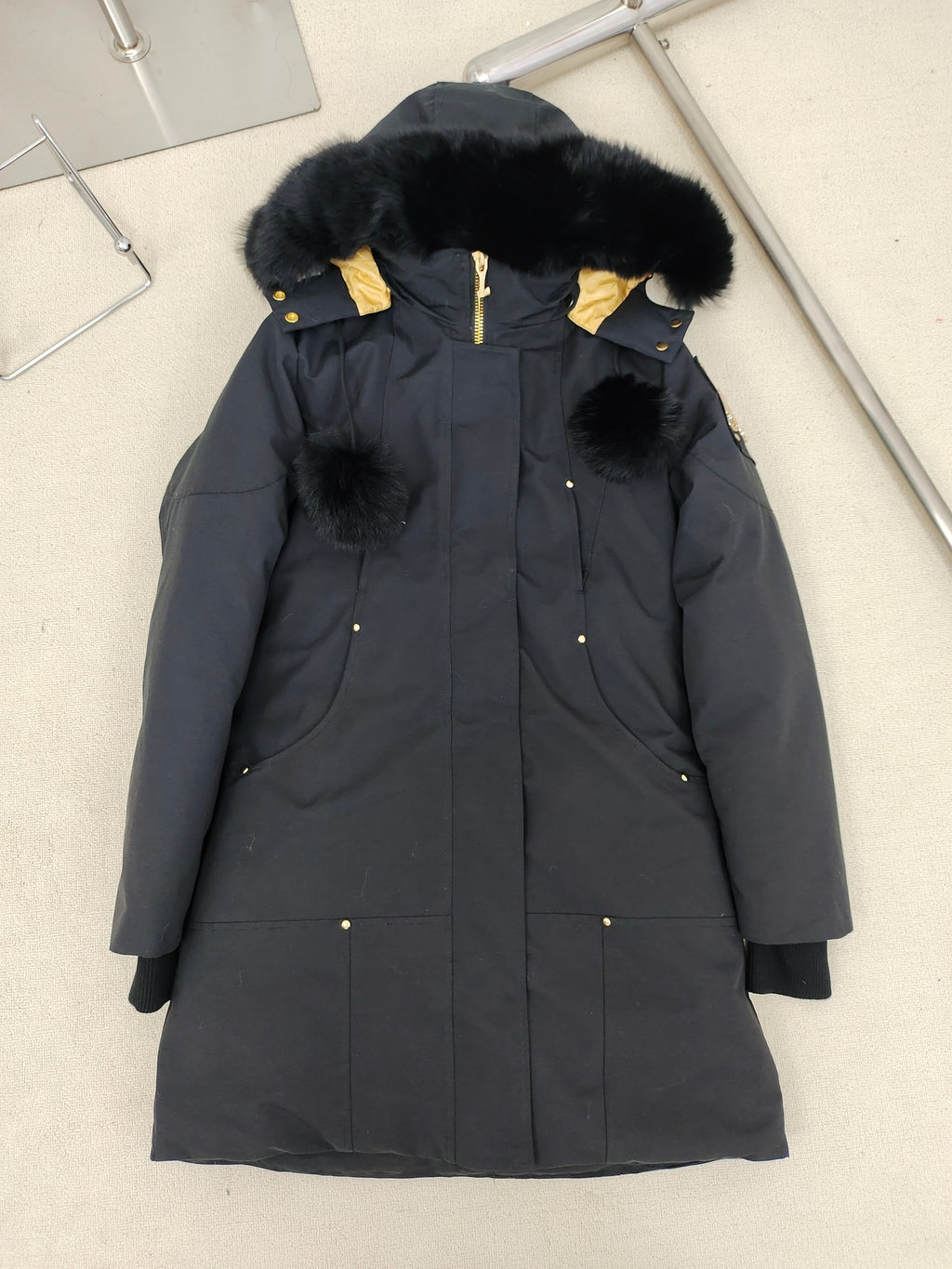 Moose Knuckles Down Parka Black Black Fur Hood Dual Pompom Gold Jacquard Lining