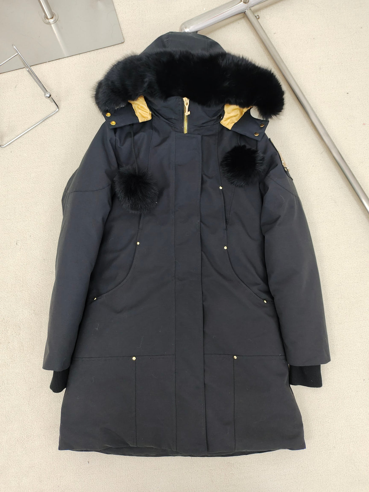 Moose Knuckles Down Parka Black Black Fur Hood Dual Pompom Gold Jacquard Lining
