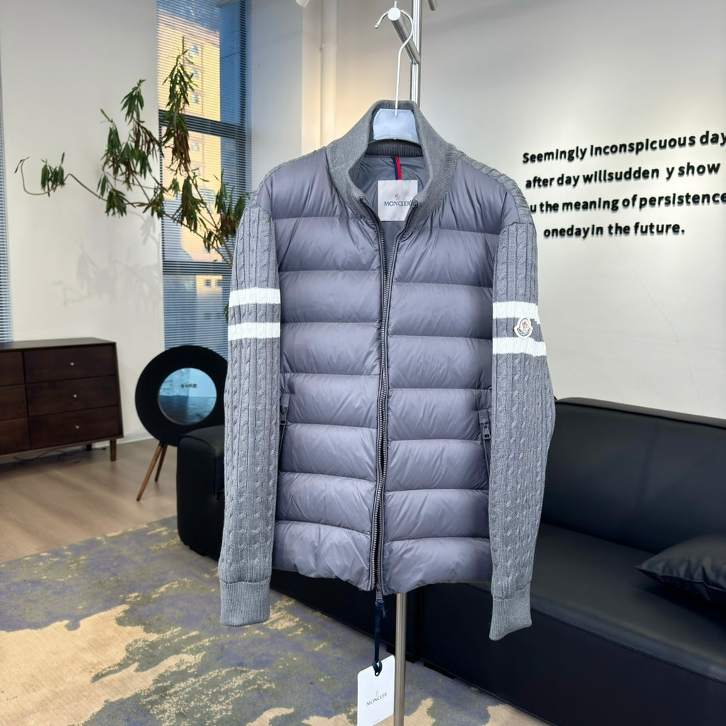Moncler Down Knit Hybrid Jacket Grey Black Cable Knit Sleeve White Stripe Dual Colour
