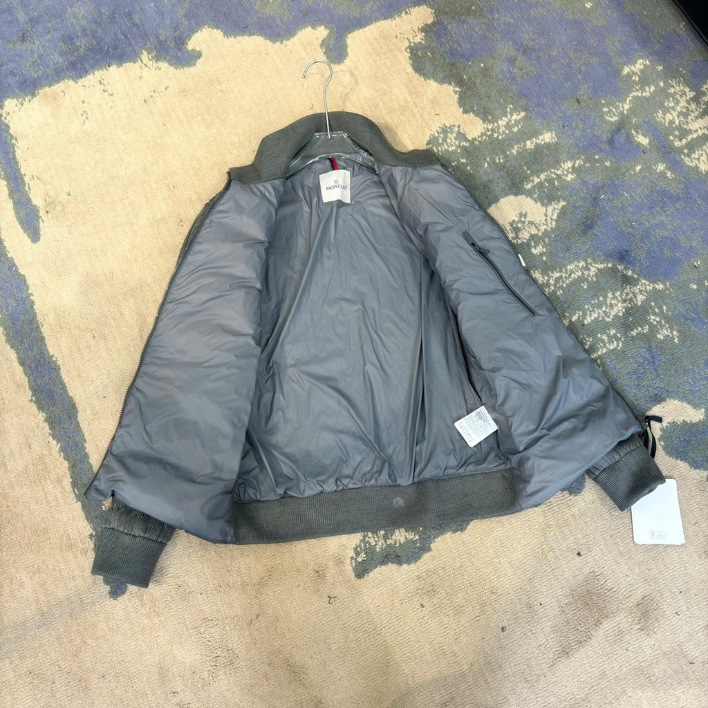 Moncler Down Knit Hybrid Jacket Grey Black Cable Knit Sleeve White Stripe Dual Colour