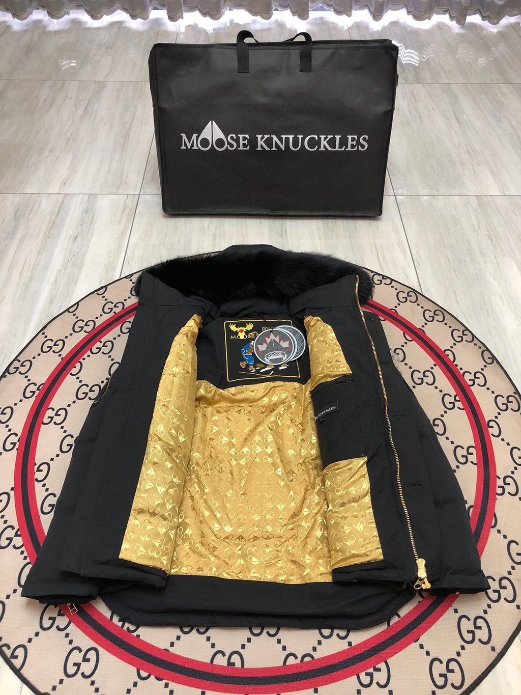 Moose Knuckles Down Short Puffer Jacket Black Black Fur Hood Gold Lining Hockey Patch