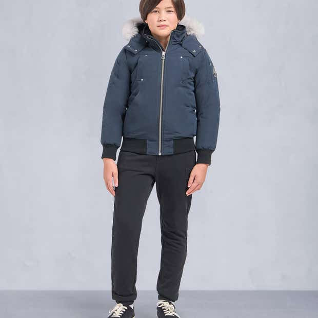 Moose Knuckles Kids Navy Blue White Fox Fur Hood Bomber Down Jacket