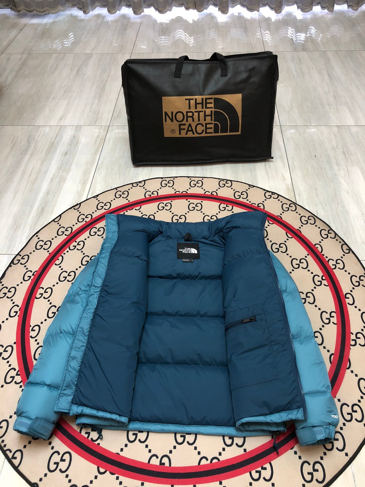 The North Face Nuptse 700 Down Jacket Steel Blue Navy Colourblock