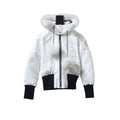 Moose Knuckles White Fox Fur Hood Bomber Down Jacket with Black Trim