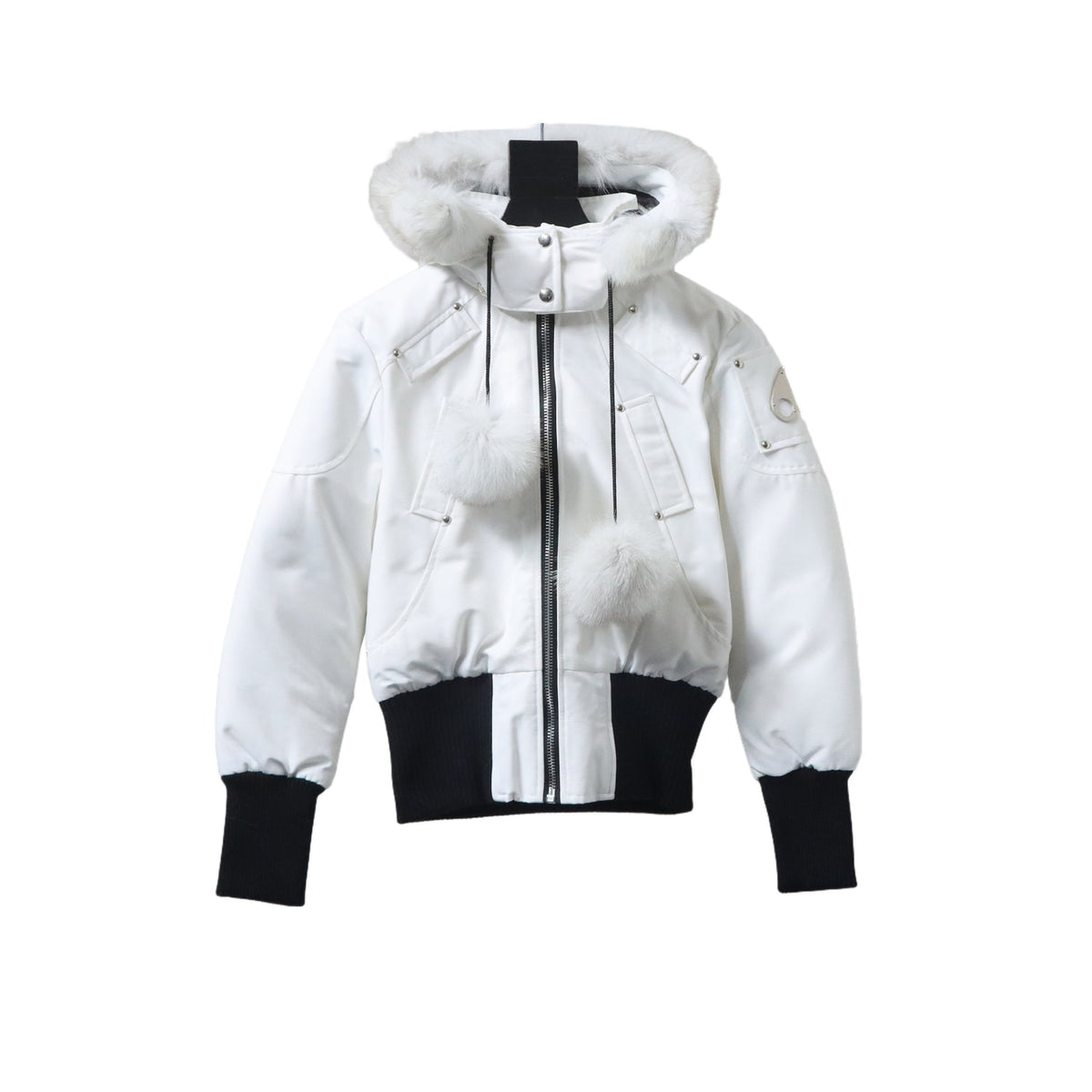 Moose Knuckles White Fox Fur Hood Bomber Down Jacket with Black Trim