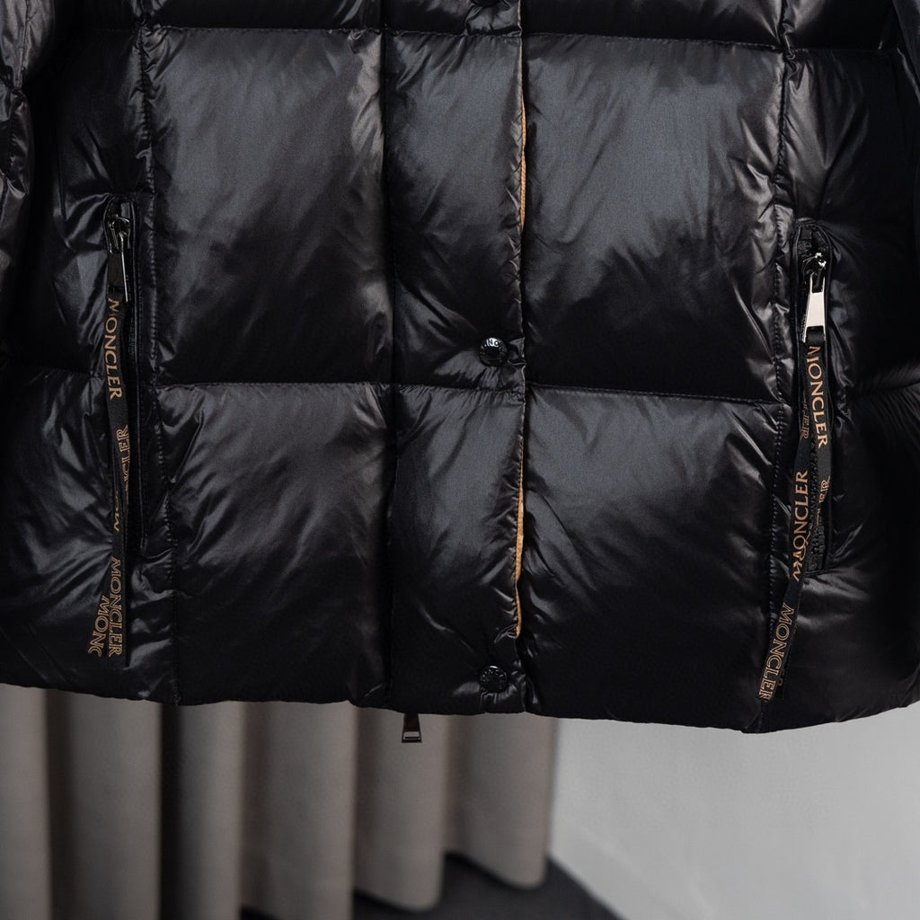 Moncler Down Jacket Black Caramel Gold Two-Tone Reversible Hood MONCLER Logo Zip Tape
