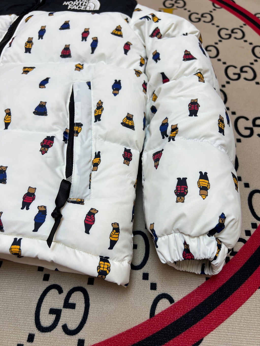The North Face Nuptse Bear Allover Print Down Jacket White Black