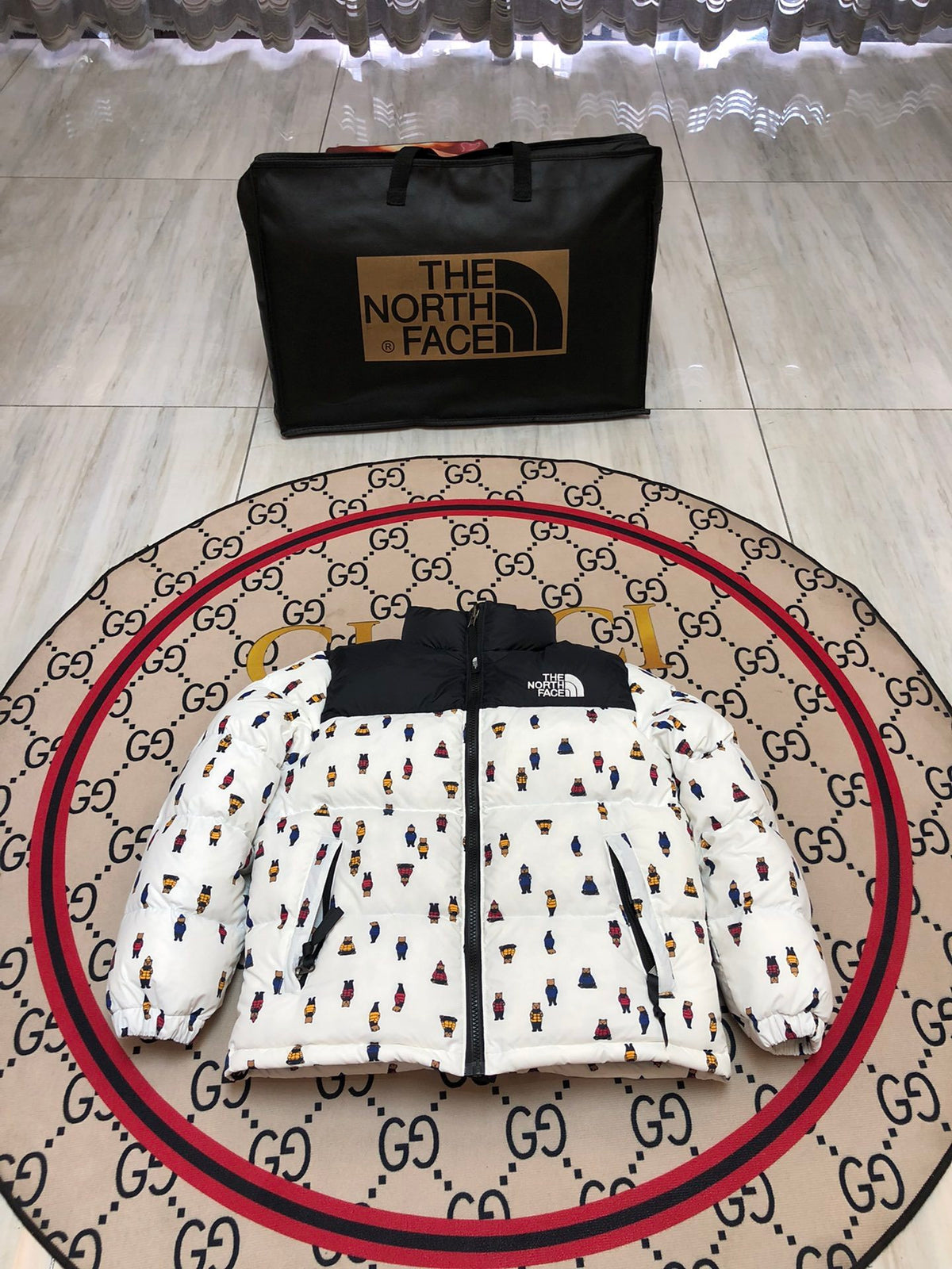 The North Face Nuptse Bear Allover Print Down Jacket White Black