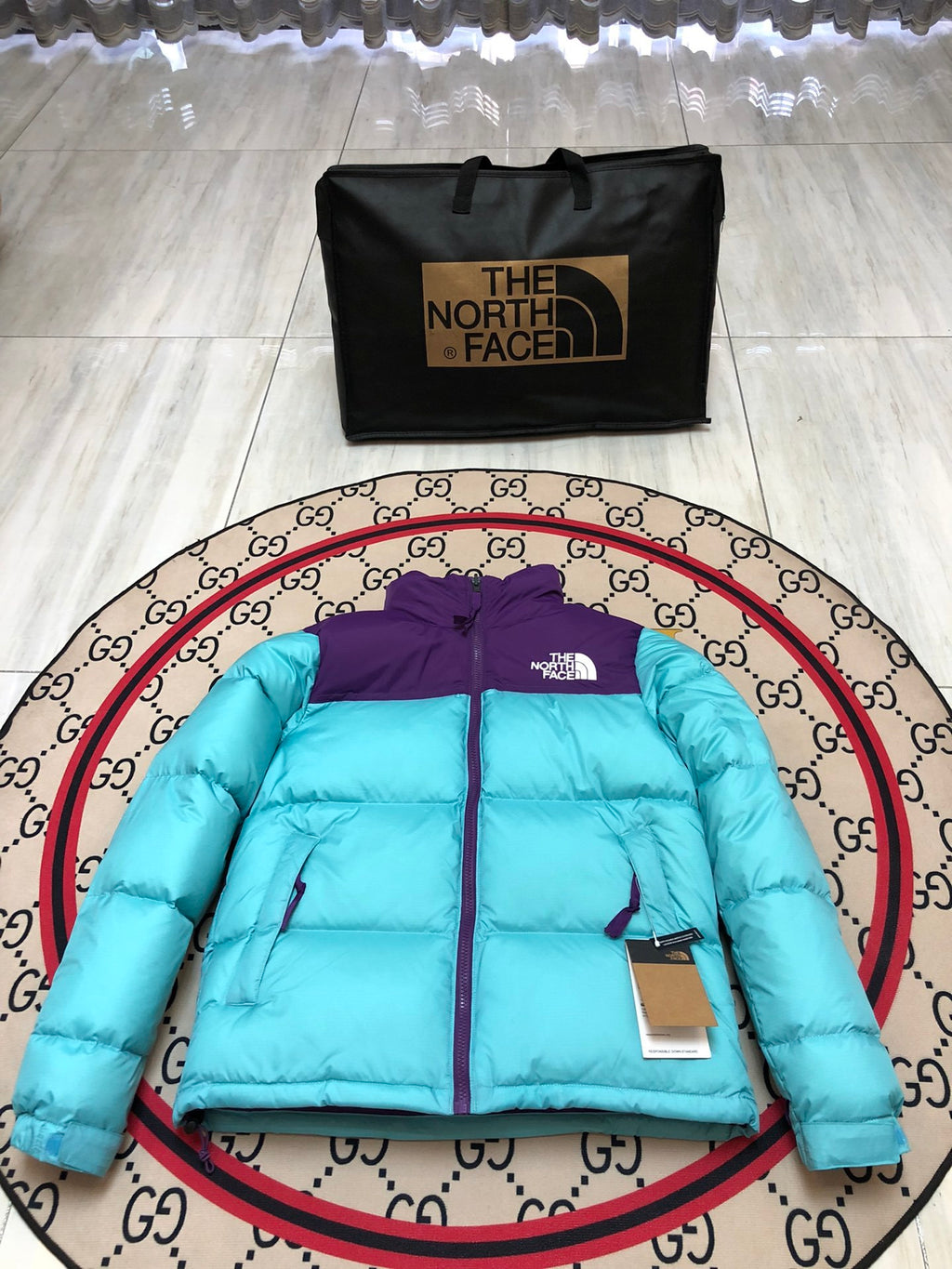 The North Face Nuptse 700 Down Jacket Turquoise Purple Colourblock