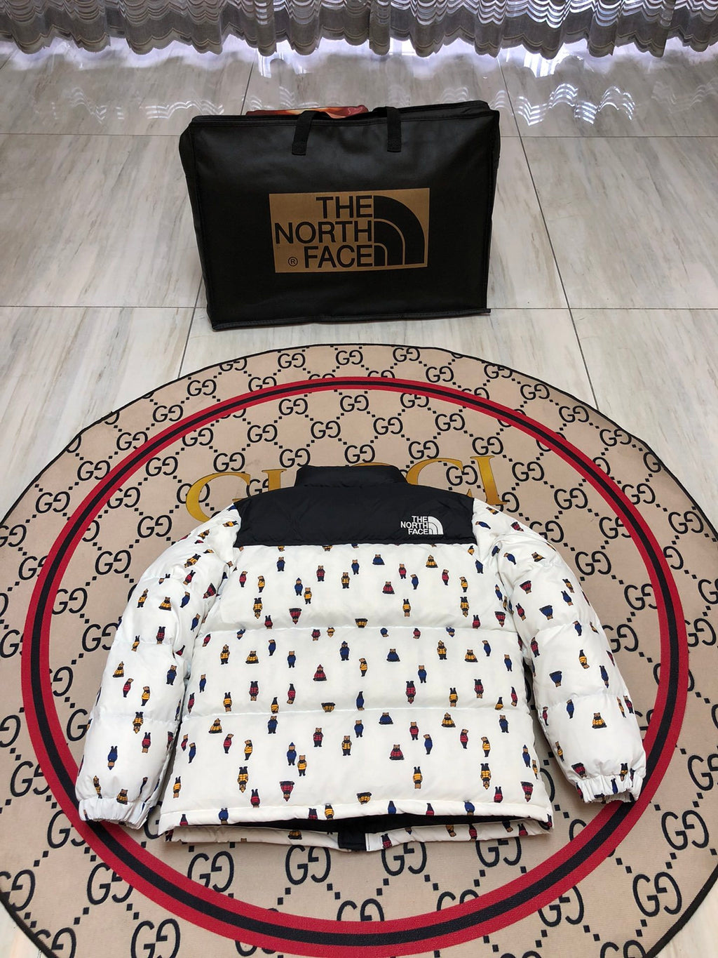 The North Face Nuptse Bear Allover Print Down Jacket White Black