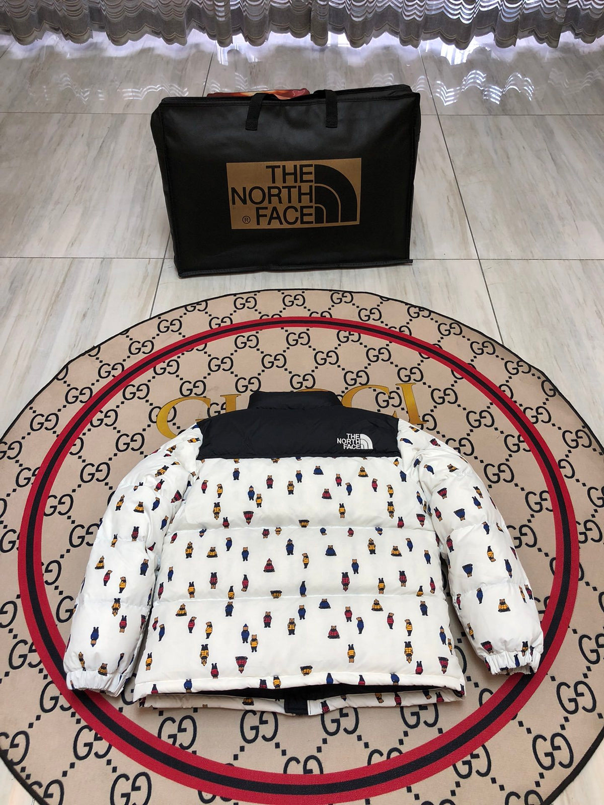 The North Face Nuptse Bear Allover Print Down Jacket White Black