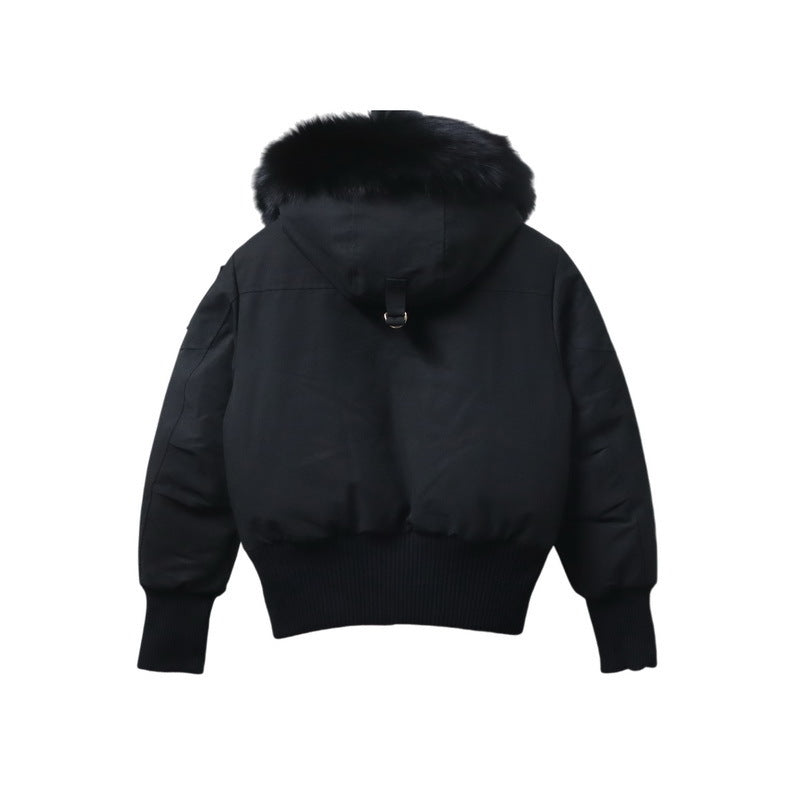 Moose Knuckles Black Wool Fox Fur Hood Bomber Down Jacket