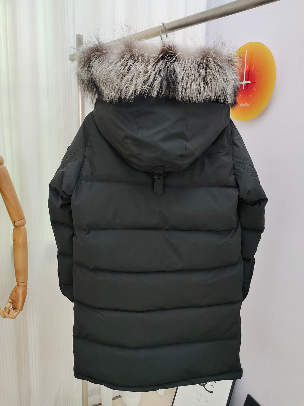 Moose Knuckles Black Long Parka Down Coat with Silver Fox Fur Hood